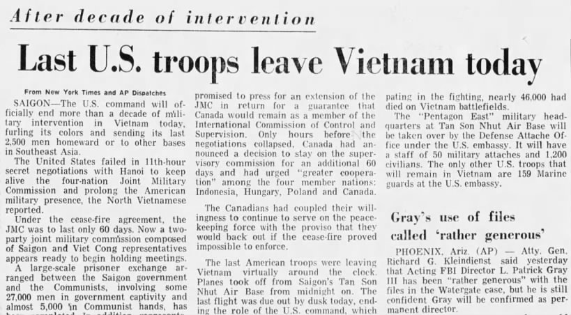 Last U.S. troops leave Vietnam today