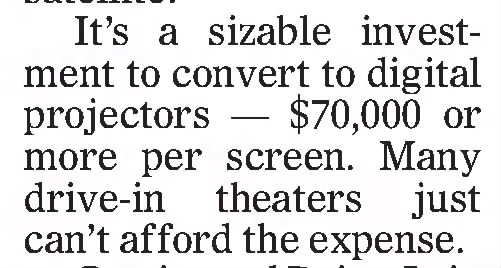 Conversion to film to digital is too expensive for many drive-in theaters