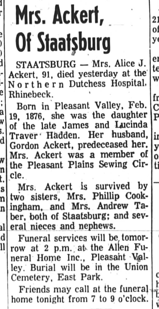 Alice J. Hadden Ackert obituary
Poughkeepsie Journal
Friday, September 15, 1967