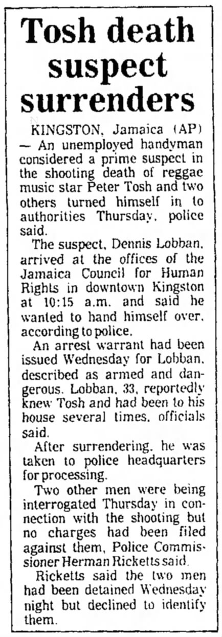 Tosh death suspect surrenders (1987)