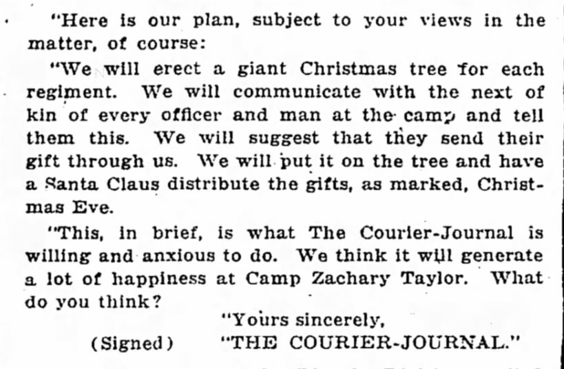 Letter sent to the General at Camp Zachary Taylor outlining plans for the Christmas Cheer Club
