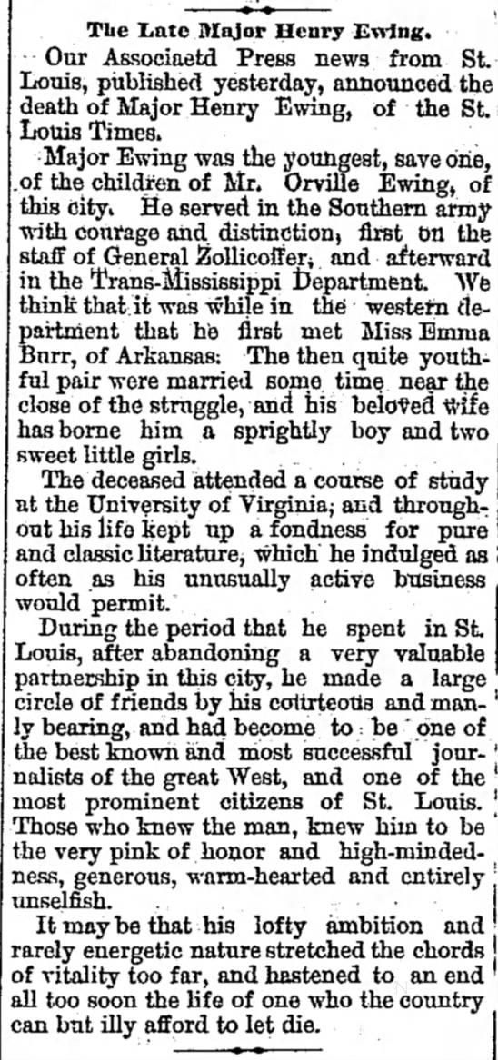 Henry Ewing died on 13 Jun 1873 and his death was reported in this Tennessean newspaper Obit.