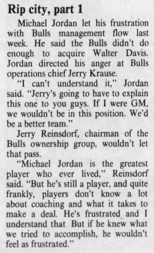 MJ GOAT: Feb. 3, 1991, Reinsdorf calls Jordan "the greatest player who ever lived."