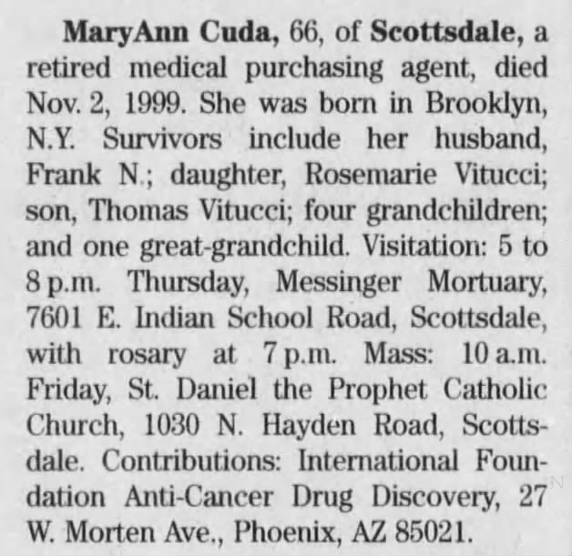 Obituary for Mary Ann Cuda (Aged 66) - Newspapers.com