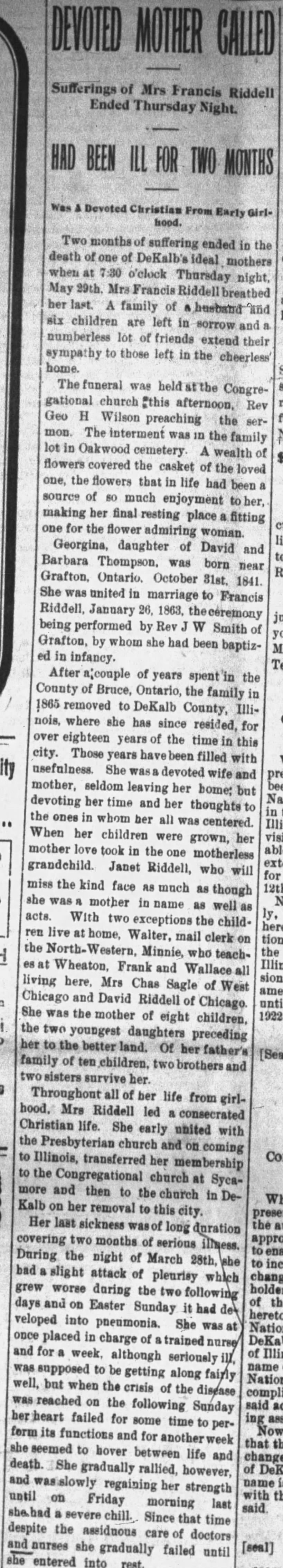 Obituary Mrs. Francis (Georgina) Riddell - 1902
