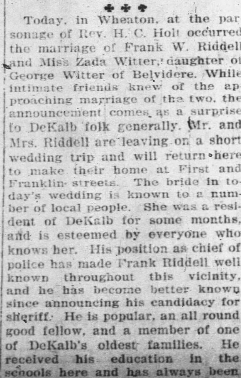 Marriage of Frank W Riddell and Zada Witter - part 1 - bottom of column 3