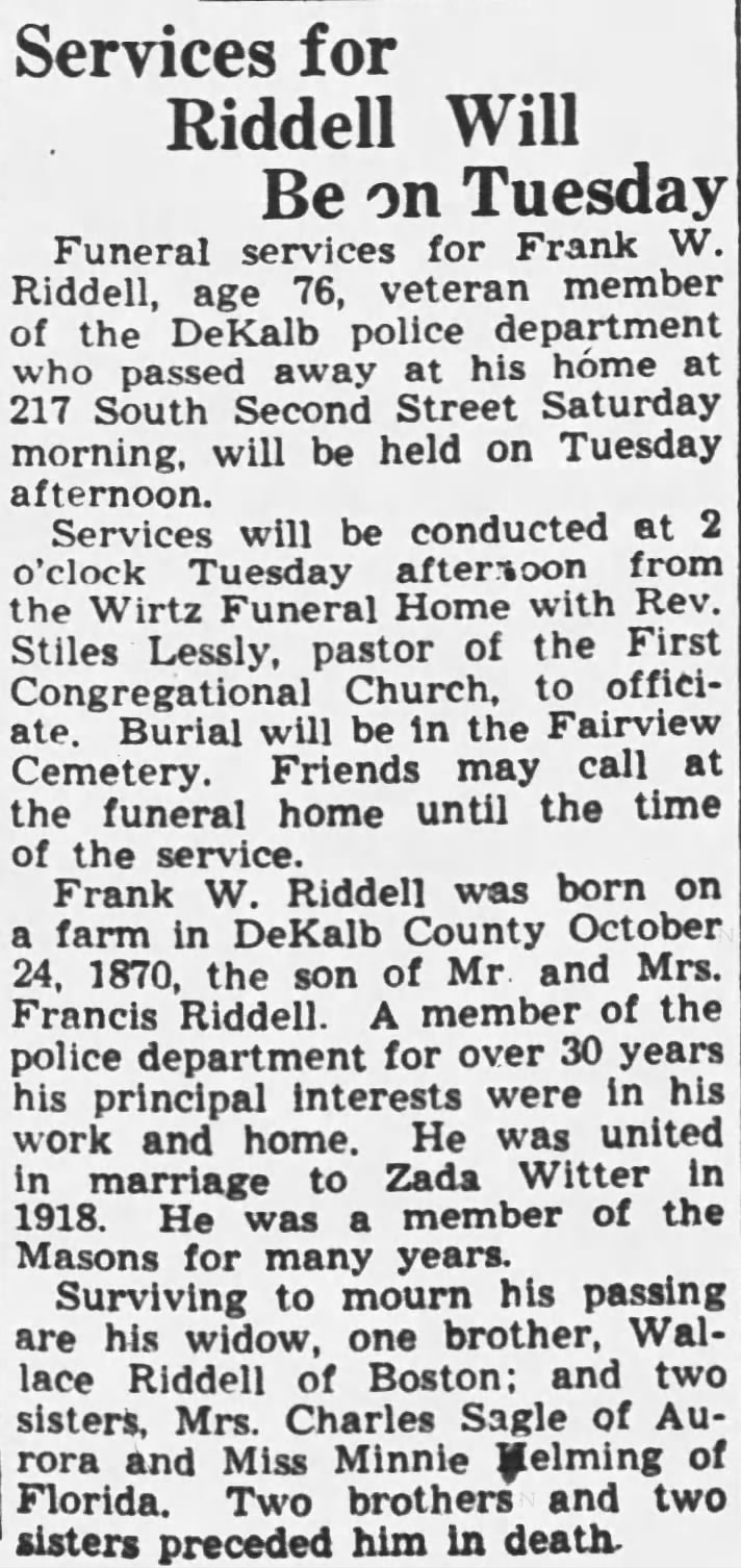 Obituary - Frank W Riddell - 1946