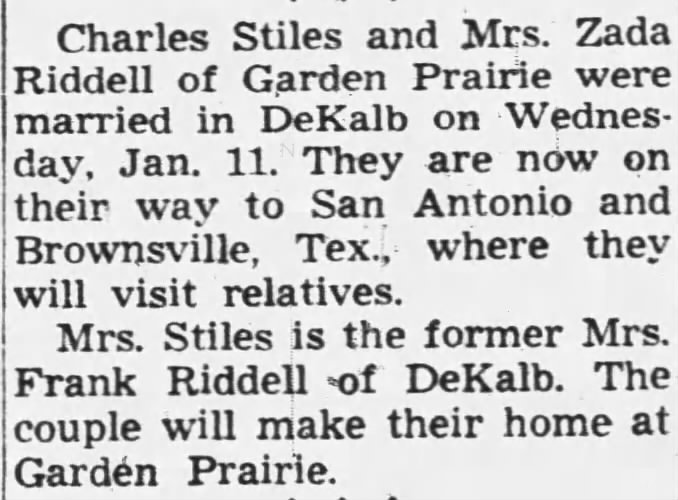 Marriage of Mrs. Zada Riddell and Charles Stiles Jan 11, 1956