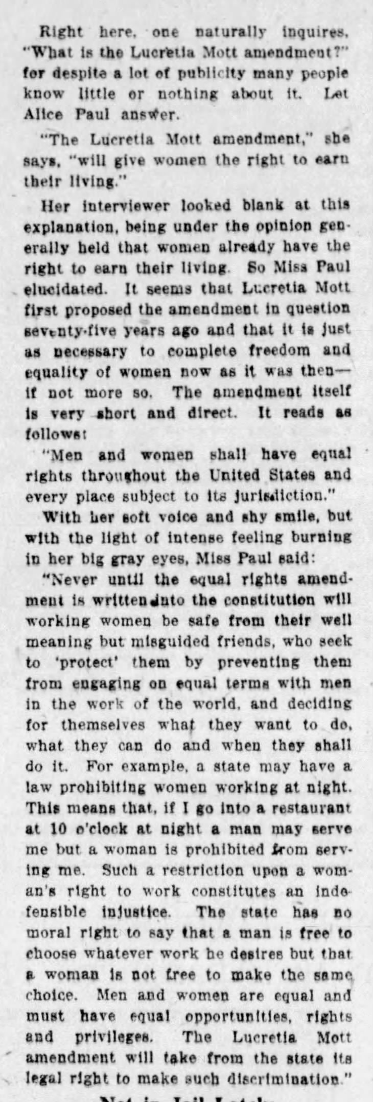 Quotes from Alice Paul in 1926 about the Equal Rights Amendment