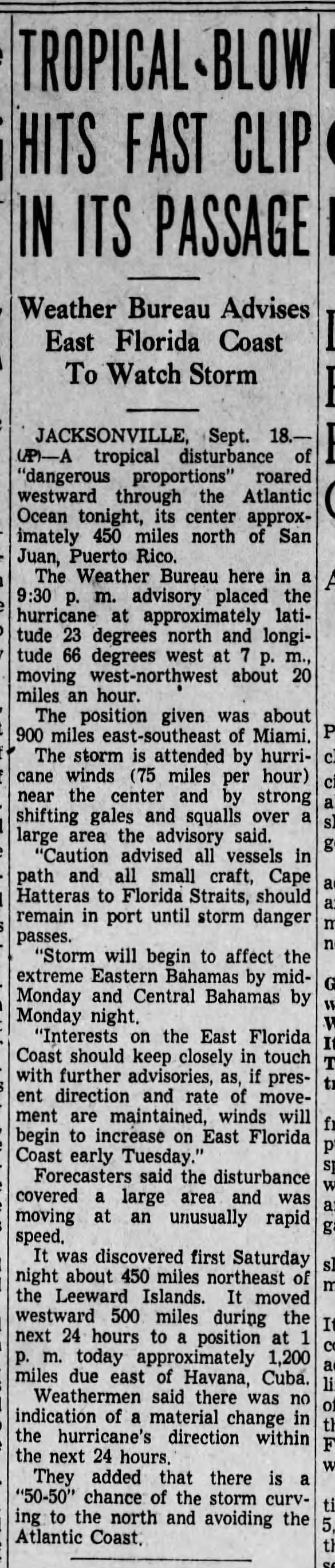 Hurricane may hit Florida, 1938