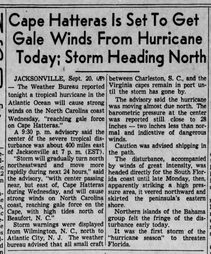 North Carolina to feel effects of passing hurricane, 1938
