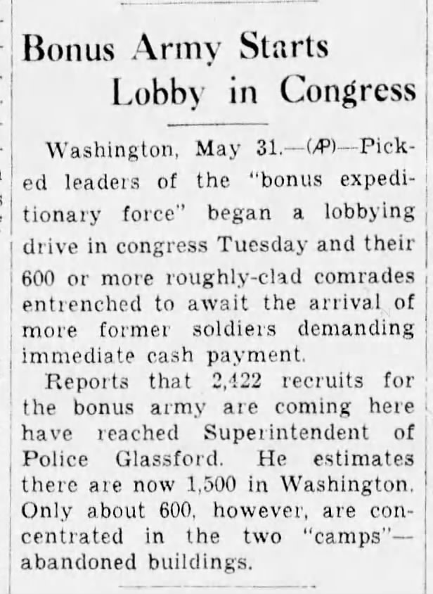 Bonus Army begins lobbying Congress