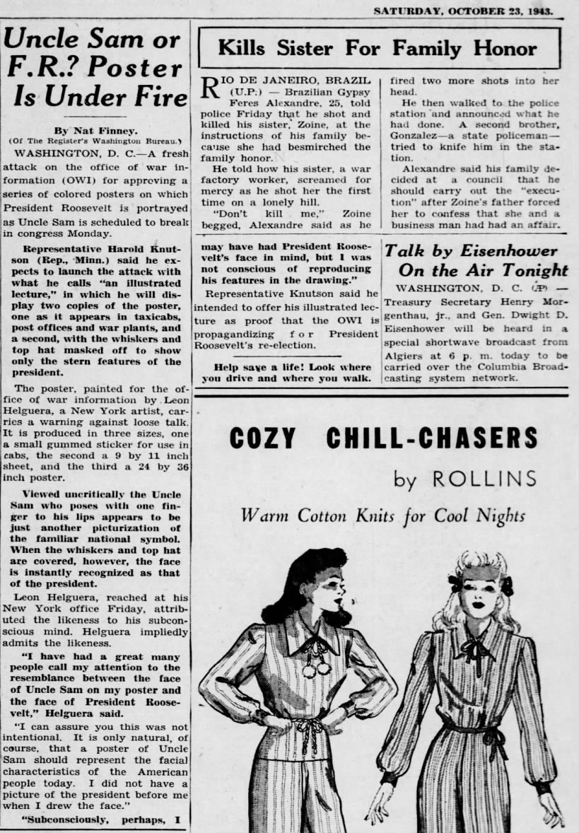 "Uncle Sam or F.R.? Poster is Under Fire," The Des Moines Register, 23 October 1943, 14