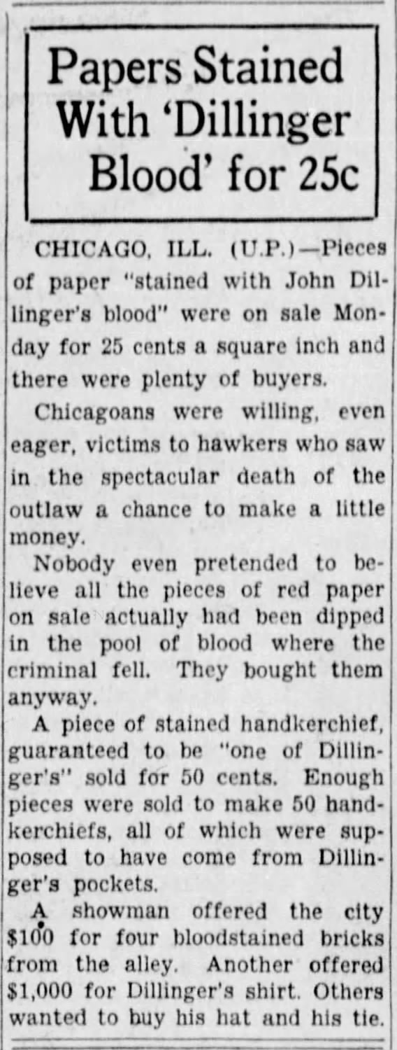Papers Stained with `Dillinger's Blood' for 25 [cents]