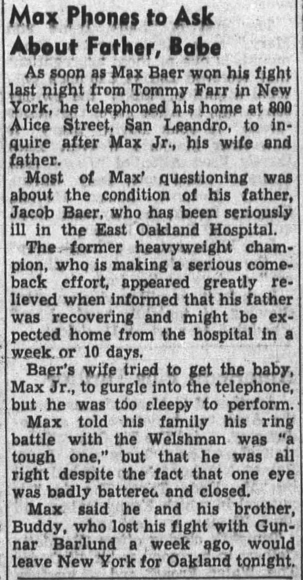 Max Baer phones about father, baby son