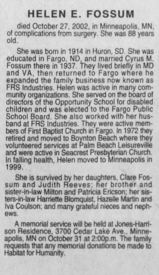 Obituary for HELEN E. FOSSUM, 1914-2002 (Aged 88)