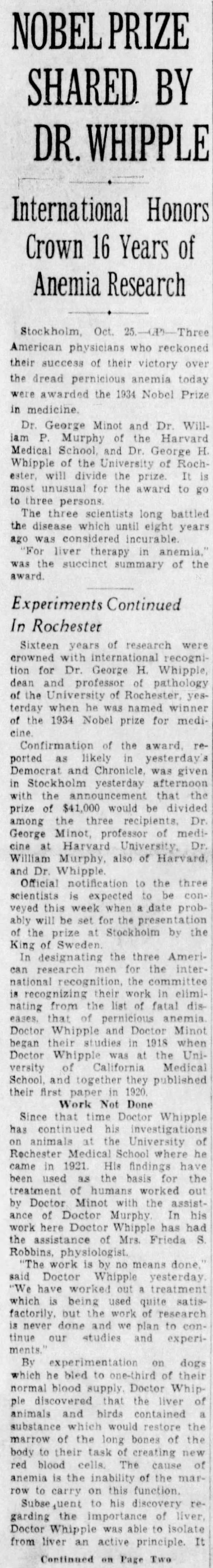 Nobel Prize Shared by Dr. Whipple