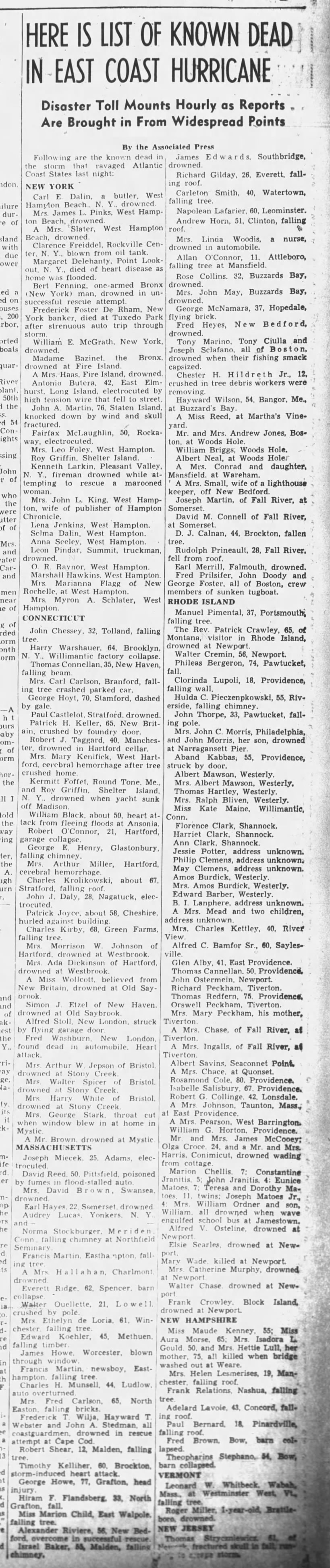 List of known dead day after 1938 hurricane