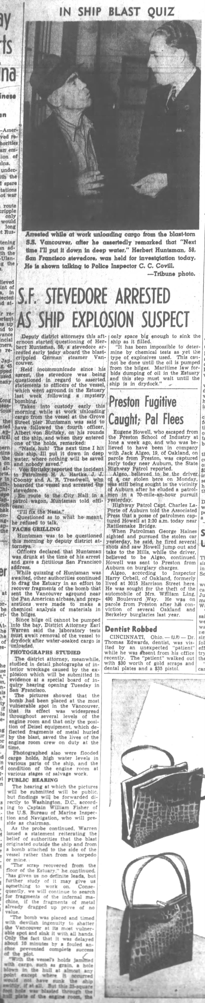 SS Vancouver - Herbert Huntsman arrested