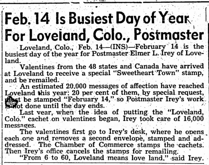 Loveland's Valentines re-mailing program in 1949