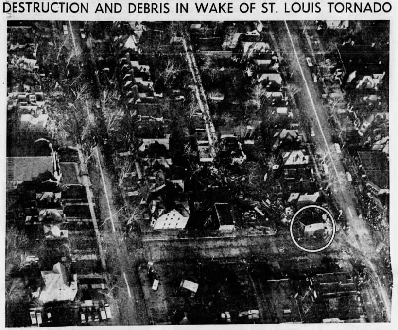 Aerial of Washington, Whittier, and Delmar. Circled is the Delmar home where 8 people were killed.