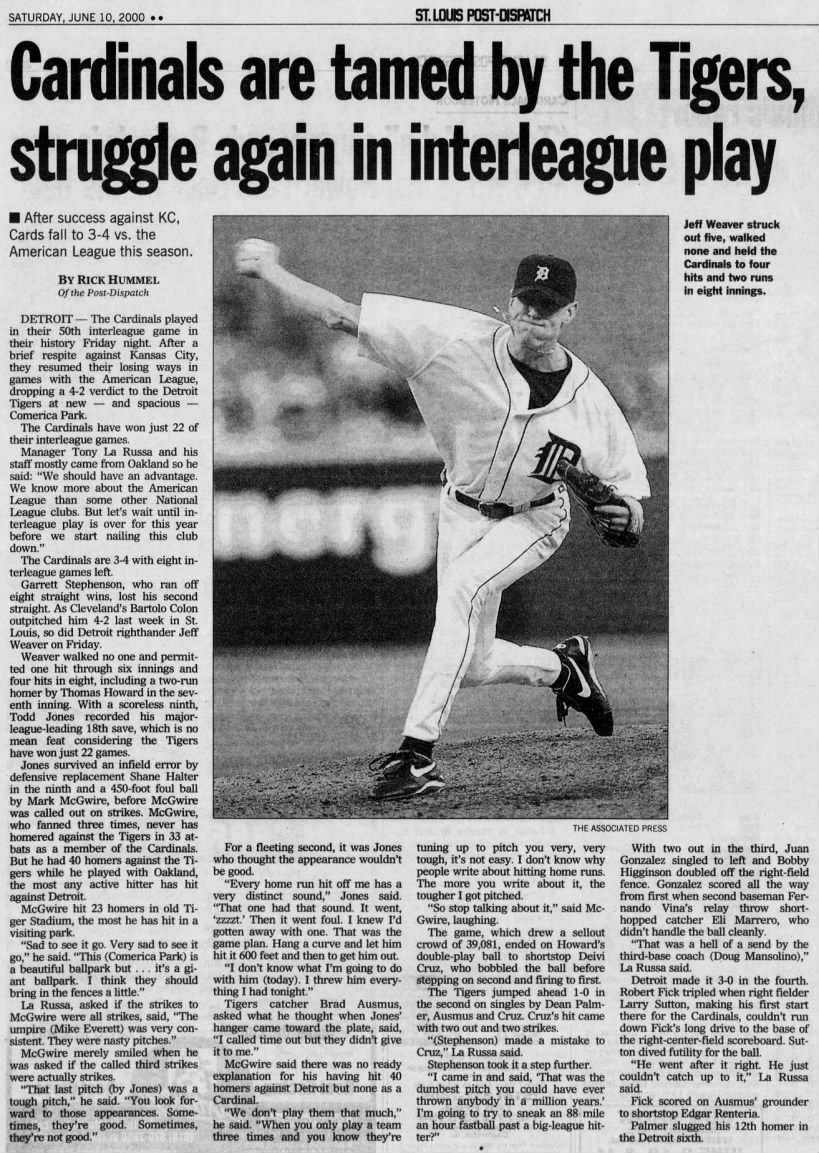 Sat 6/10/2000: Tigers' 1st interleague game (STL coverage)