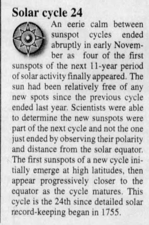 Solar Cycle 24 brings first sunspots in November 2008