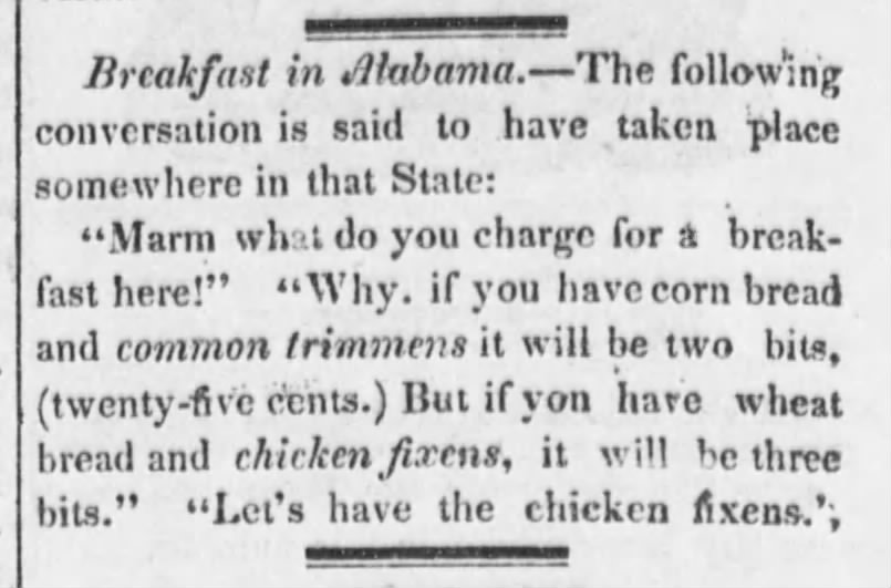 Chicken fixens (1837).