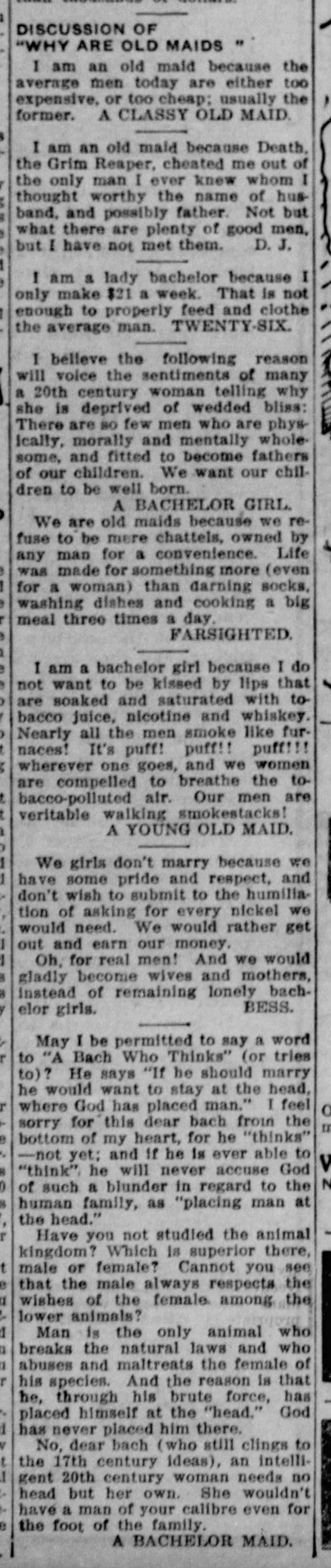 Women discuss why they are still single, 1912