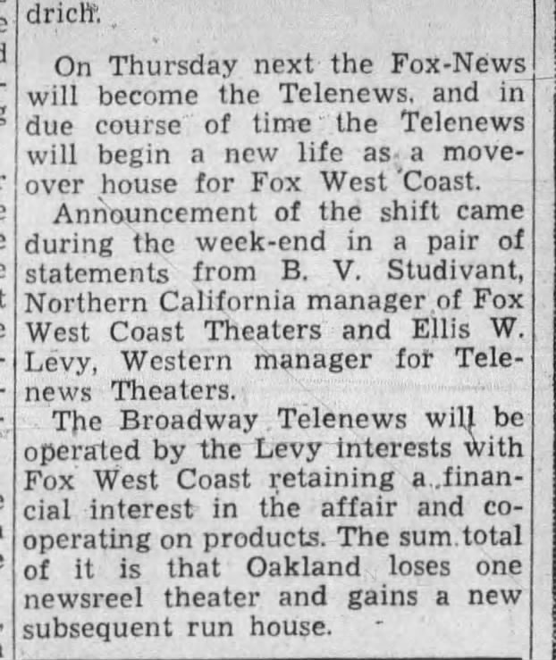 Fox-News to Telenews - Oakland Tribune April 26, 1943