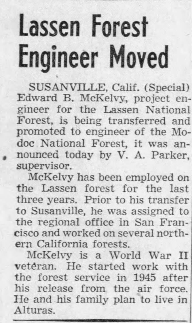Edward McKelvy promoted to engineer of Modoc National Forest