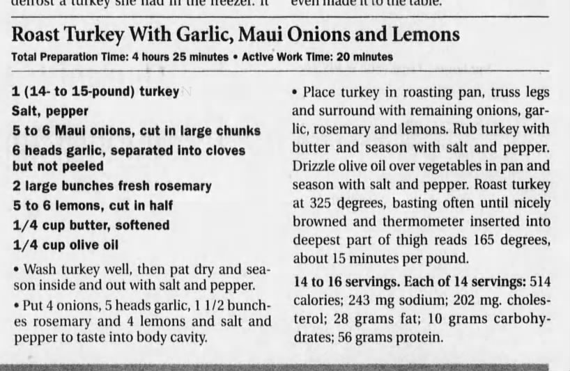 Roast turkey with garlic, Maui onions, and lemons