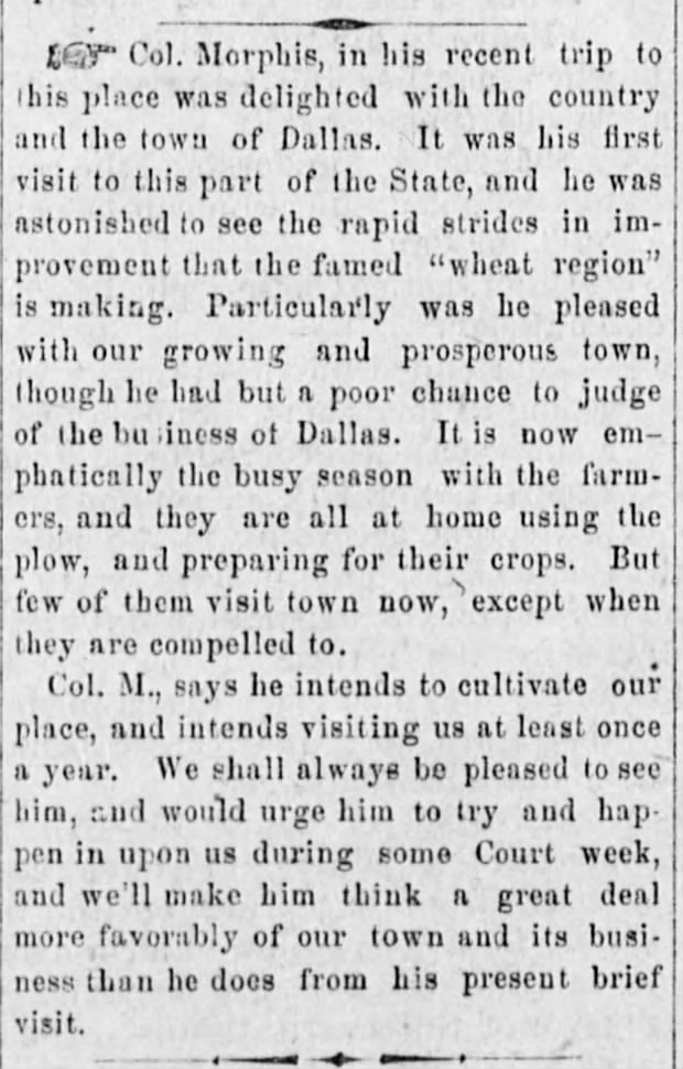 Col. Morphis first visit to Dallas (1867).
