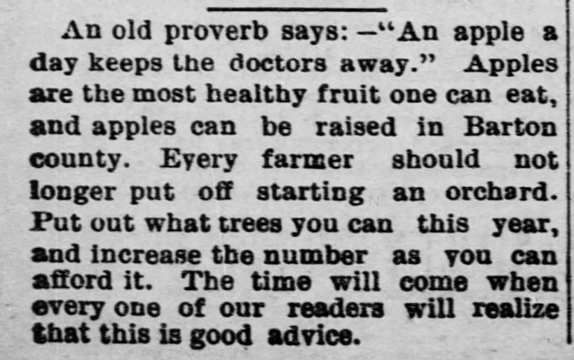 "An apple a day keeps the doctors away" (1896).