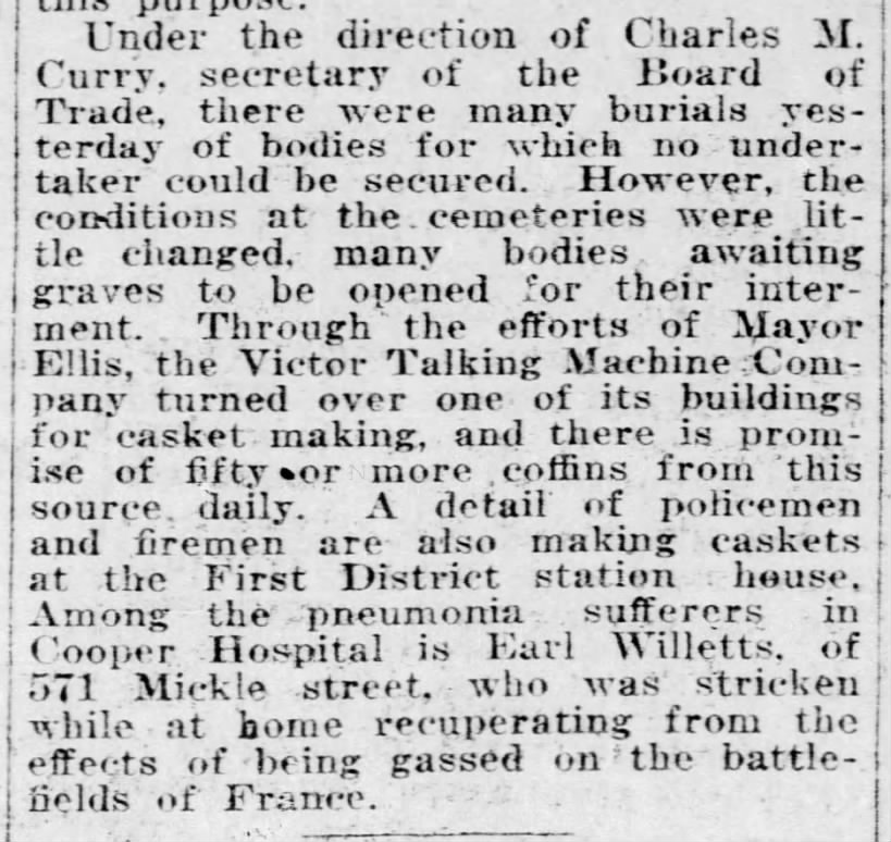 Newspaper says there is a shortage of coffins and undertakers in Pennsylvania due to Spanish flu