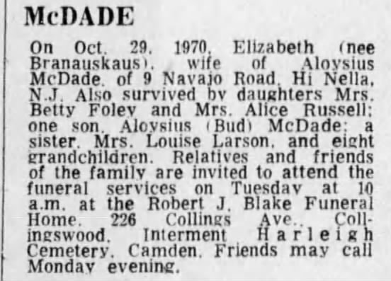 Obituary for Elizabeth McDADE - Newspapers.com