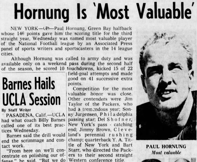 Hornung Is 'Most Valuable'