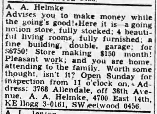 A.A. Helmke selling notion store -- 3768 Allendale