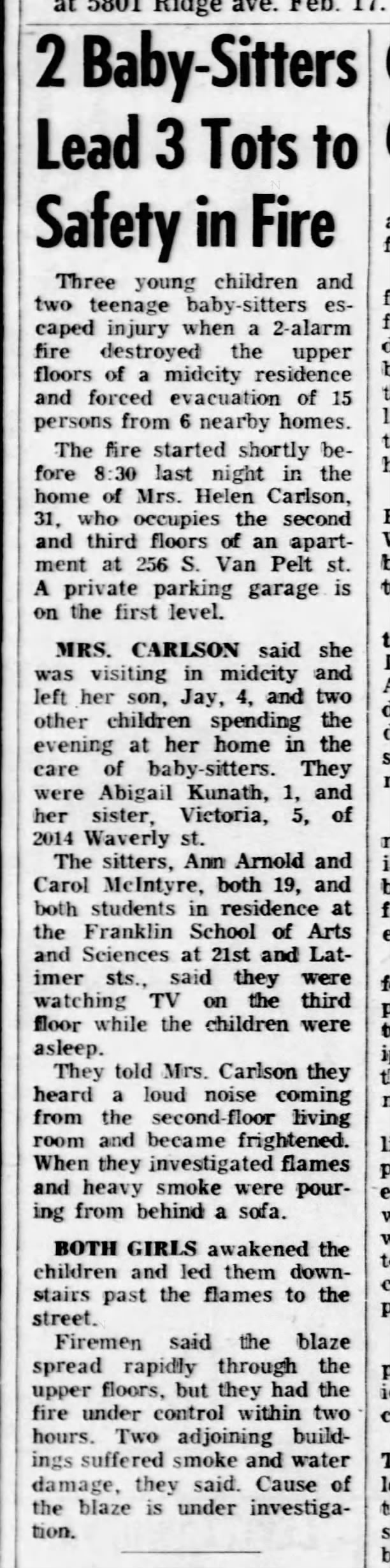 2 Babysitters Lead 3 Tots to Safety in Fire, 1970