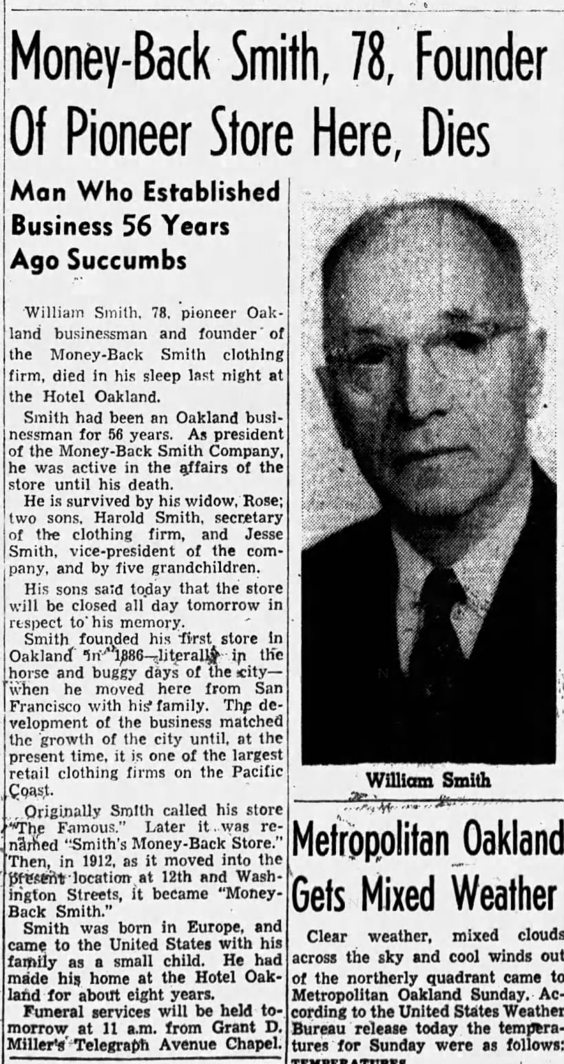 William Smith Death Notice
Oakland Tribune 29 Dec 1942
