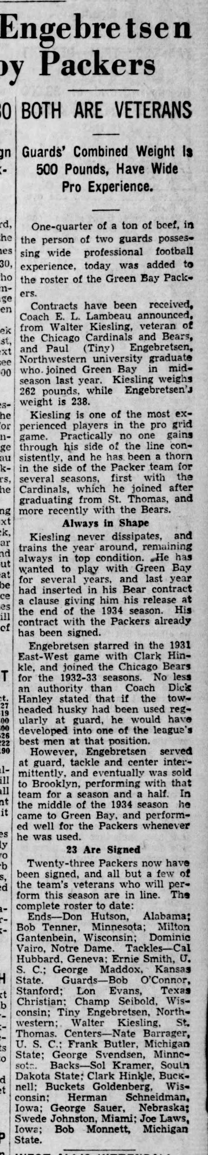 Kiesling, Engbretsen Signed by Packers