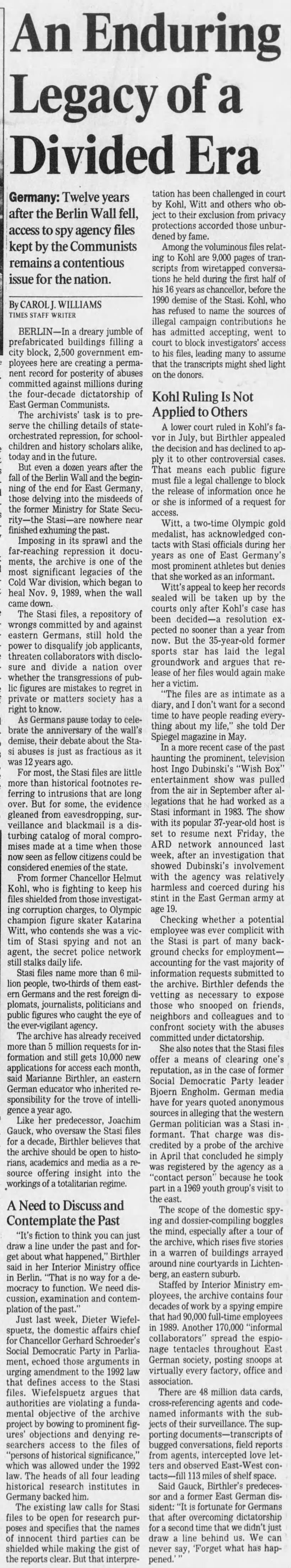 An Enduring Legacy of a Divided Era (Stasi files) (2001)