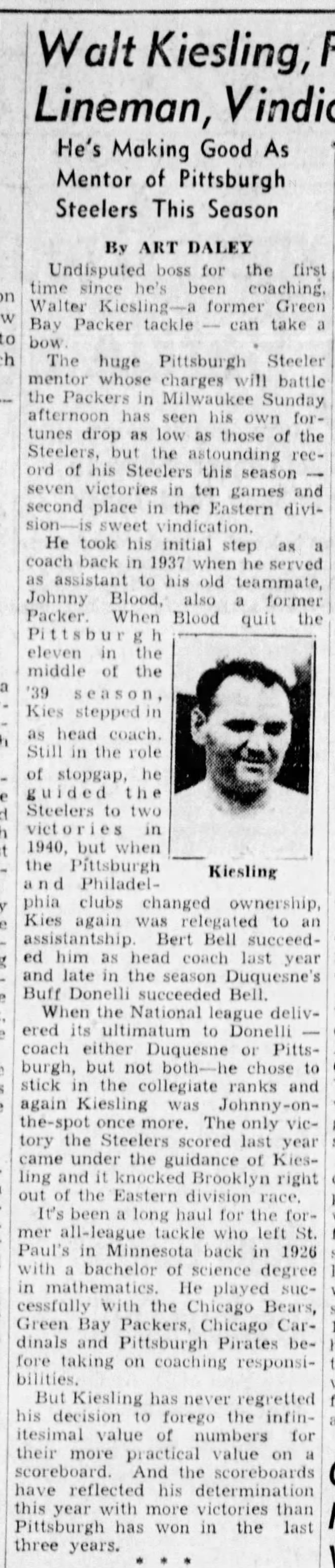 Walt Kiesling, Former Packer Lineman, Vindicates Record