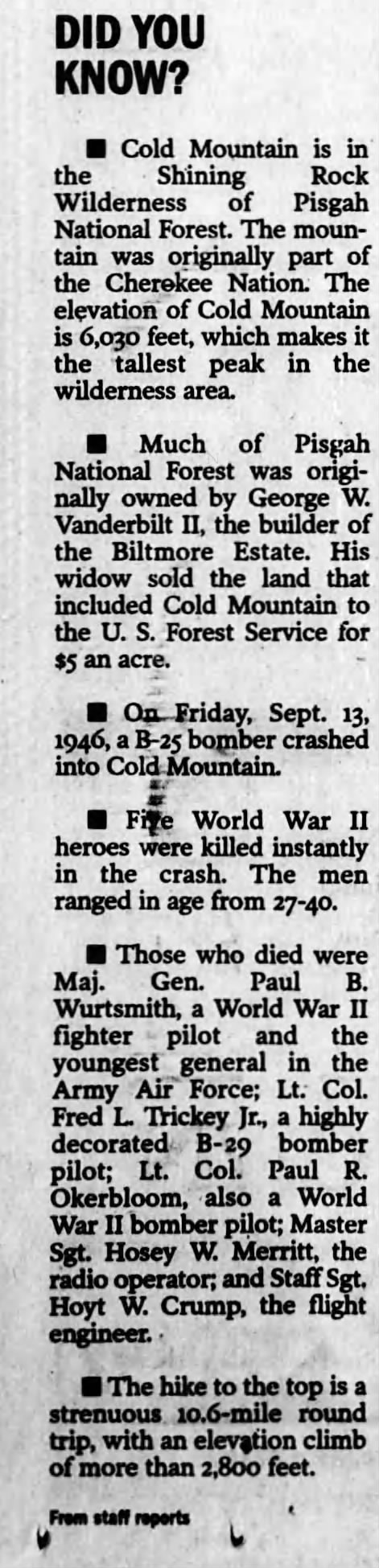 Did you Know?
Cold Mountain and B-25 Bomber crash