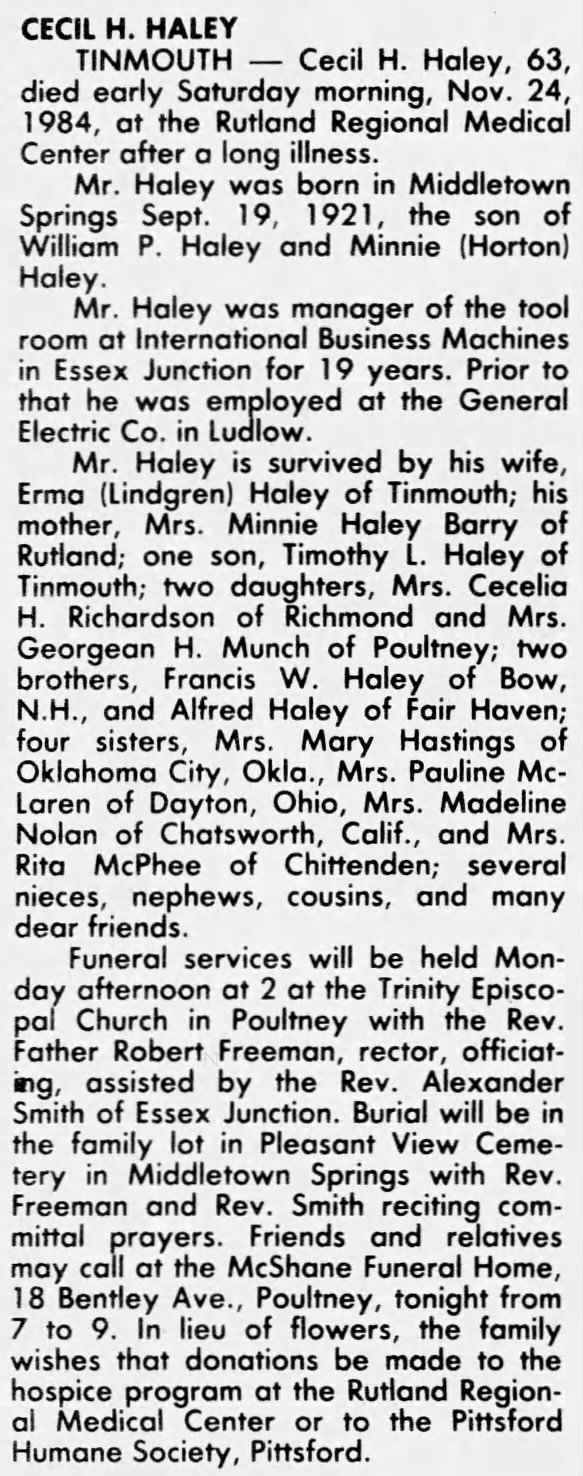 Obituary for CECIL H. HALEY, 1921-1984 (Aged 63)