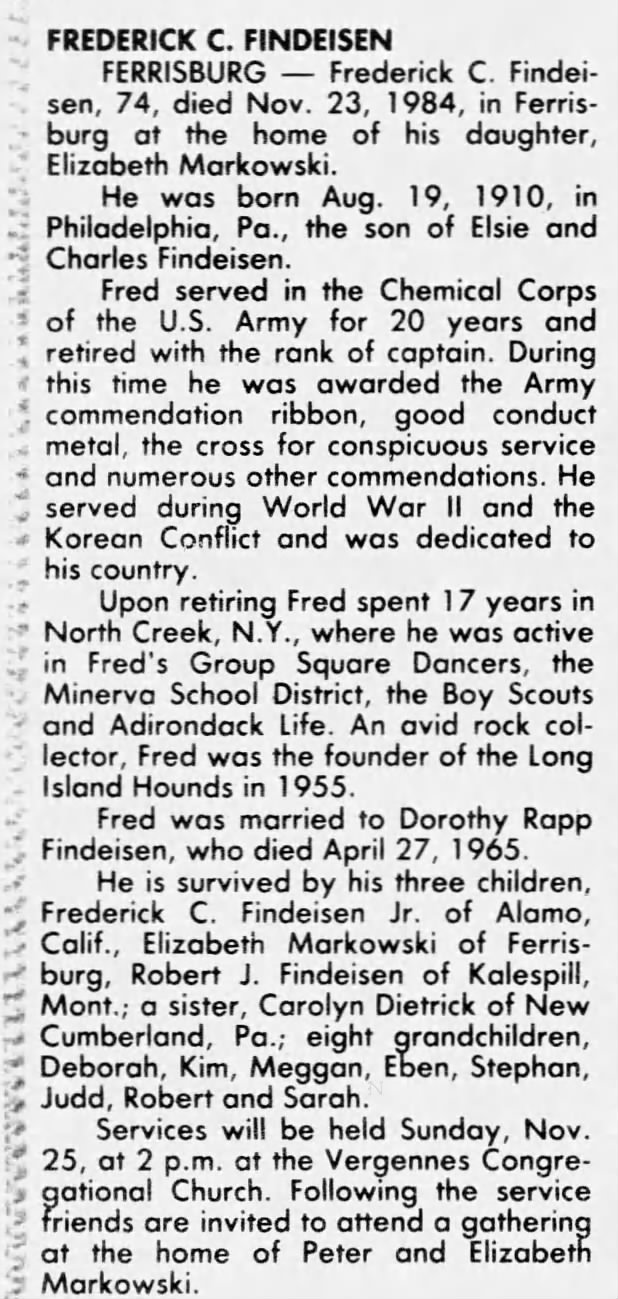 Obituary for FREDERICK C. FINDEISEN, 1910-1984 (Aged 74)