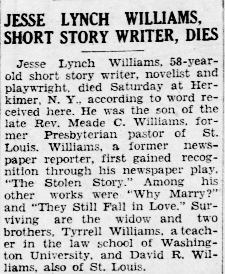 Jesse Lynch Williams, Short Story Writer, Dies