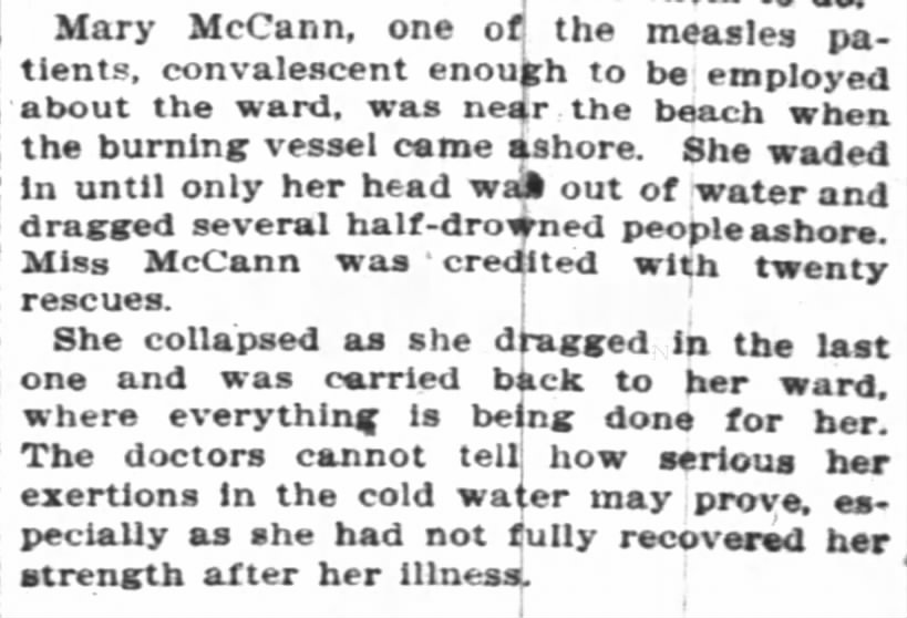 Newspaper credits Mary McCann with saving 20 lives in General Slocum disaster