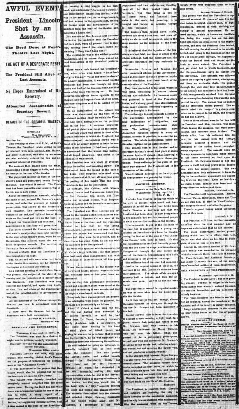New York Times reports on Lincoln's assassination