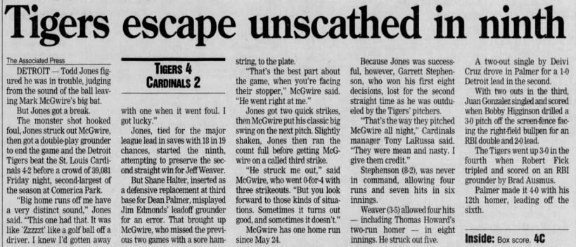 Sat 6/10/2000: Jones key K vs McGwire (Tigers' 1st interleague game)